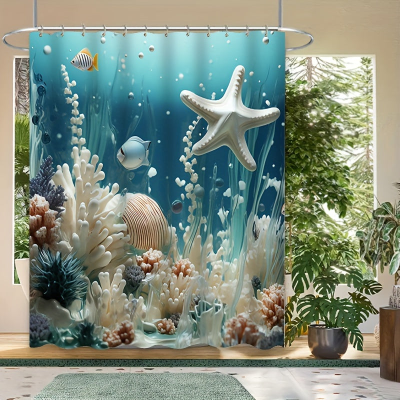 Koʻk koral bosma dush pardasi toʻplami, suv oʻtkazmaydigan pardali mato va ganchlar bilan