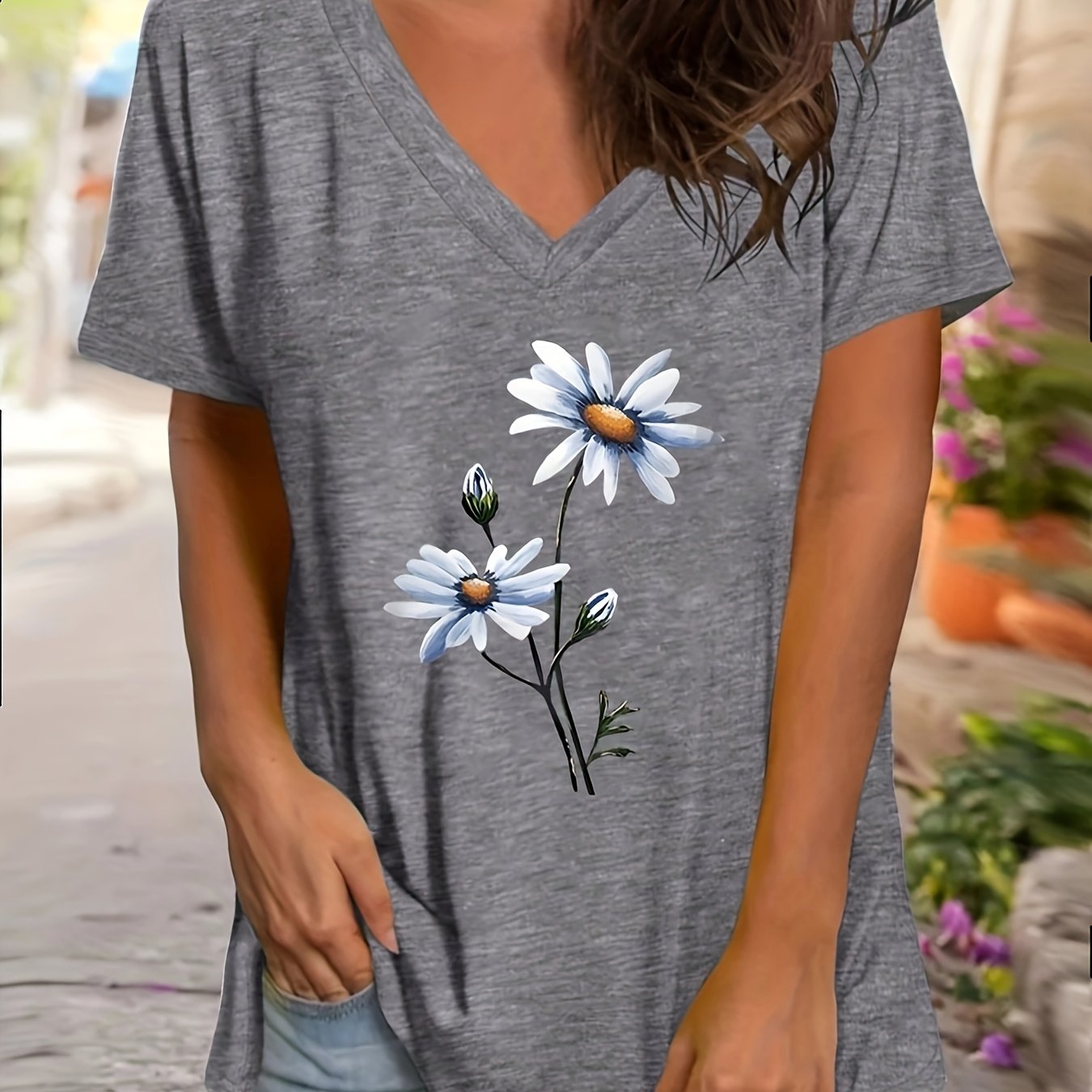 Women's V-Neck Short Sleeve T-Shirt Floral Print Lightweight Polyester Summer Teal