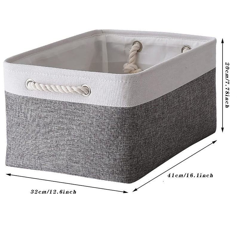 Gray and White Linen Storage Basket with Rope Handles for Closet and Nursery Organization