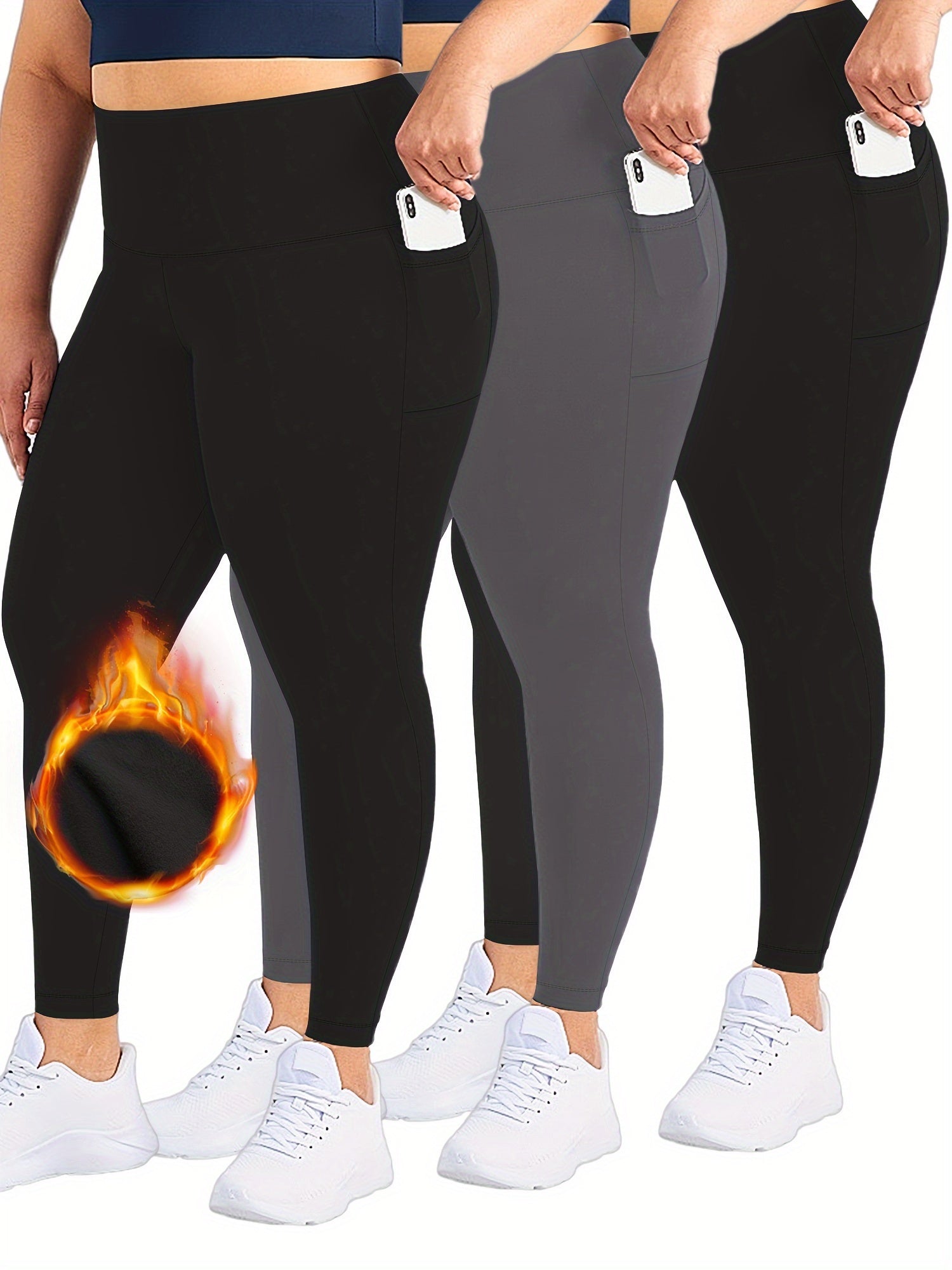 Plus Size Women's Fleece Lined Yoga Leggings Set with Phone Pockets