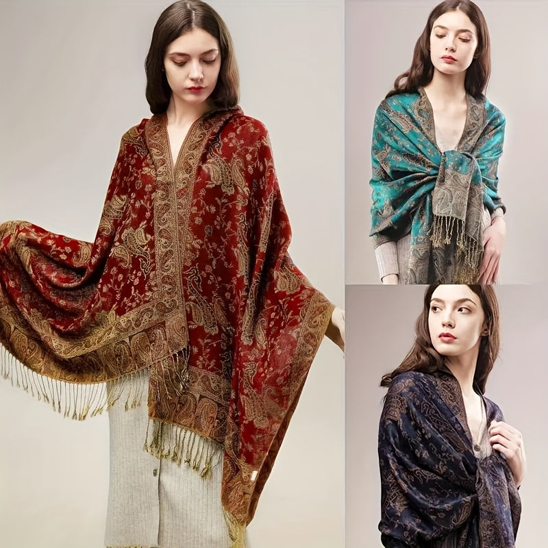 Vintage Soft Cozy Scarf Women Boho Paisley Jacquard Tassel Blanket Wrap