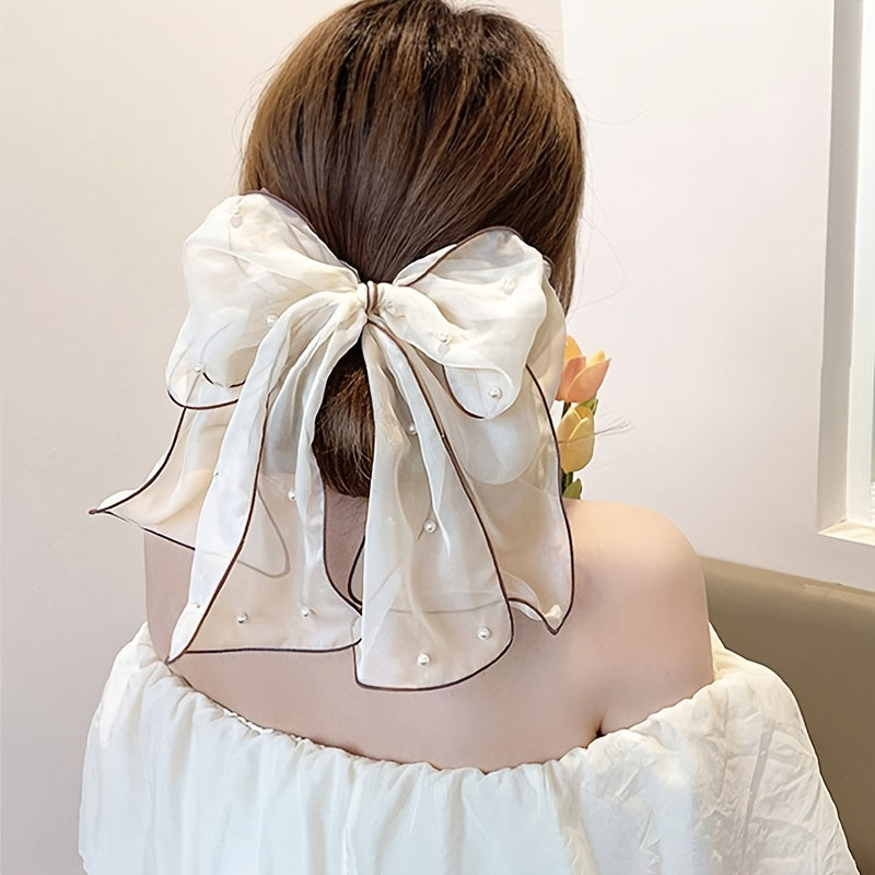 Chiffon Bow Hairpin with Pearl Streamer for Women and Girls