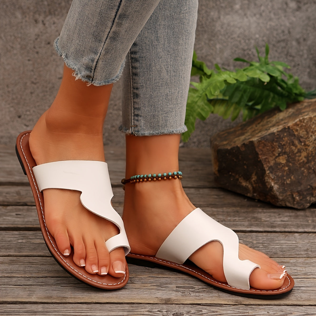 Women Summer Slip-On Open Toe Sandals Flat Heel Indoor Slippers