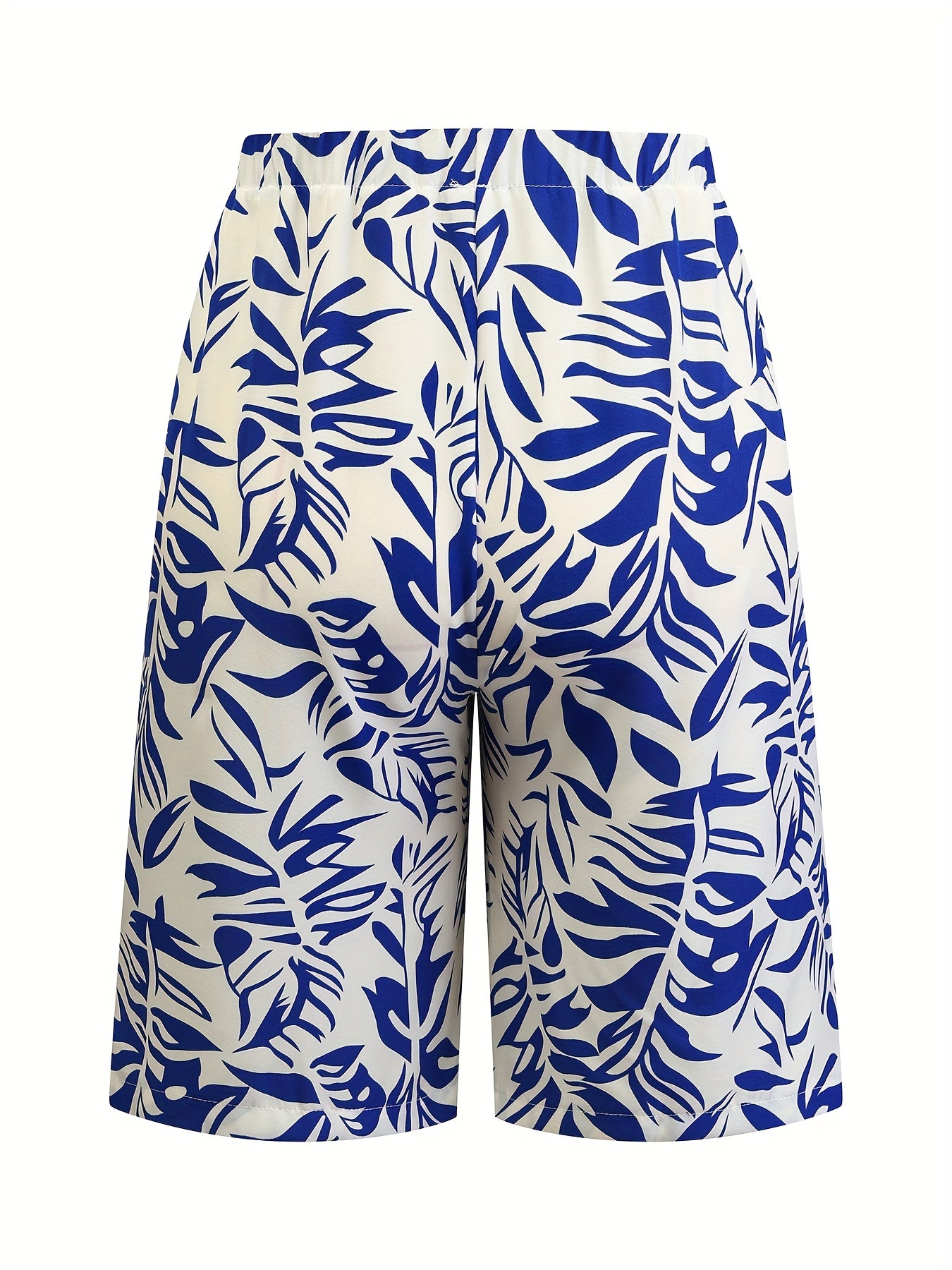Women's Plus Size Tropical Print Bermuda Shorts Lightweight Polyester Blue White Leaf Pattern Summer Beach Casual