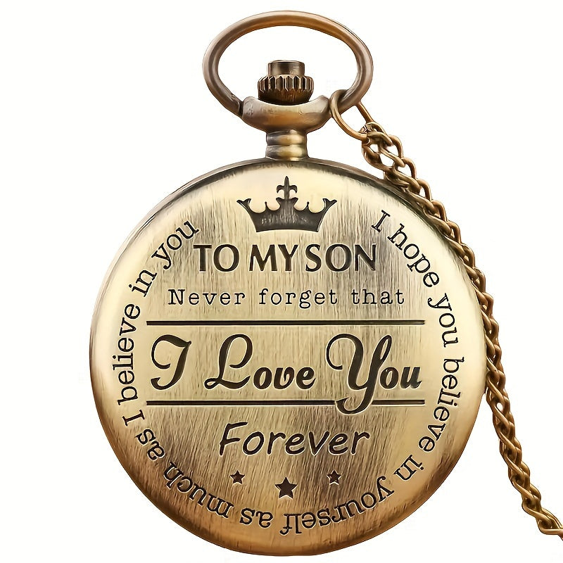 Men's Bronze Pocket Watch with Engraved I Love You Message Circular Dial Quartz Movement Durable Alloy Casing