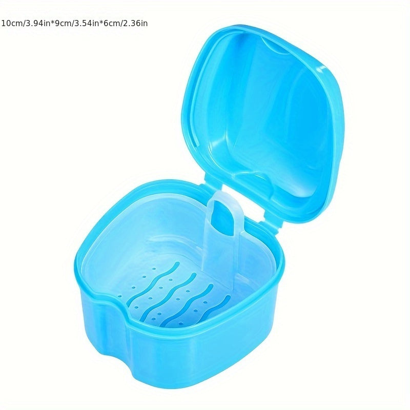 Denture Care Kit with Hanging Net Container for Cleaning False Teeth Blue Plastic