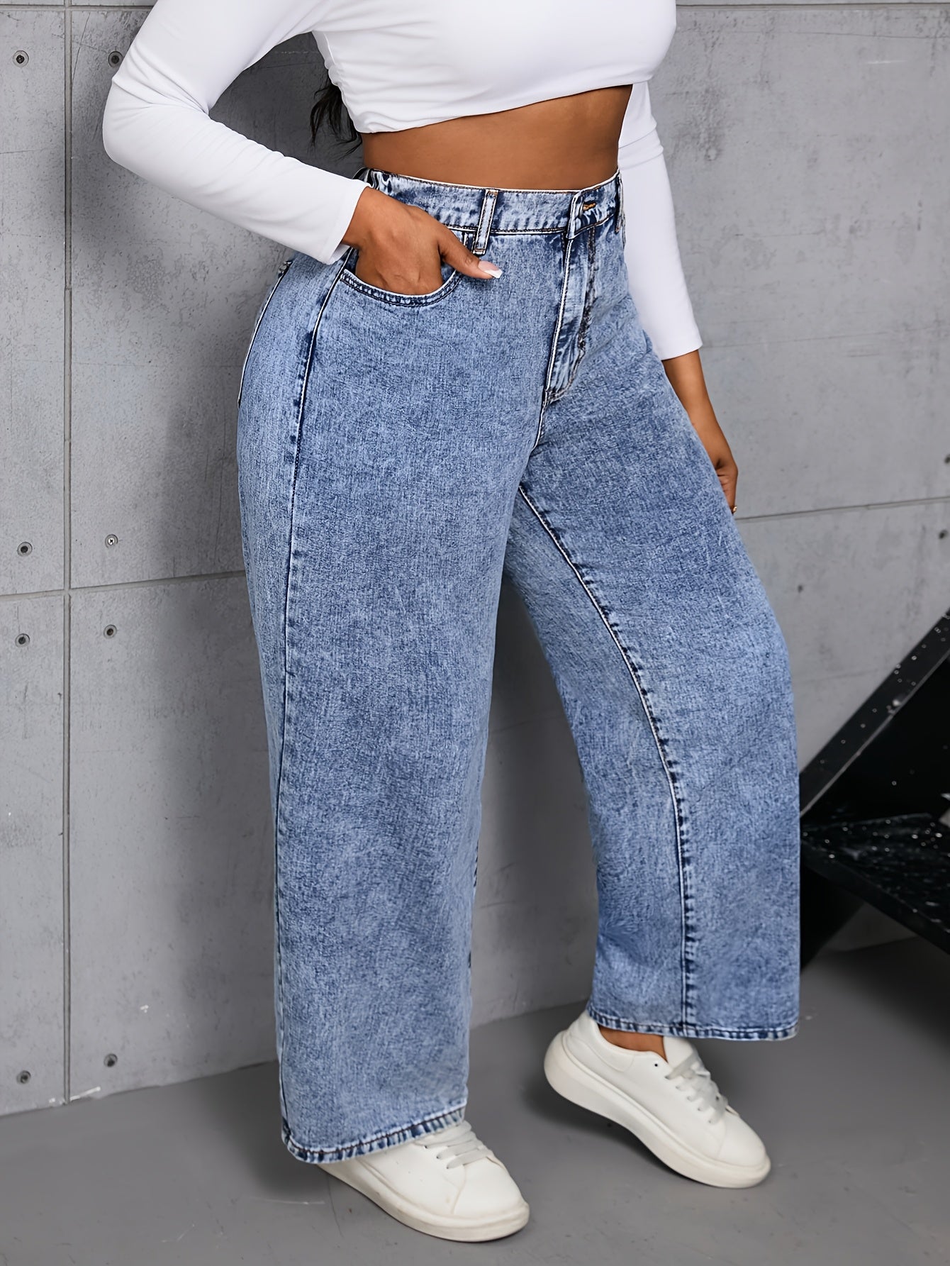 Plus Size High Waist Straight Leg Jeans Casual Washed Denim Solid Color Wide Leg Pants