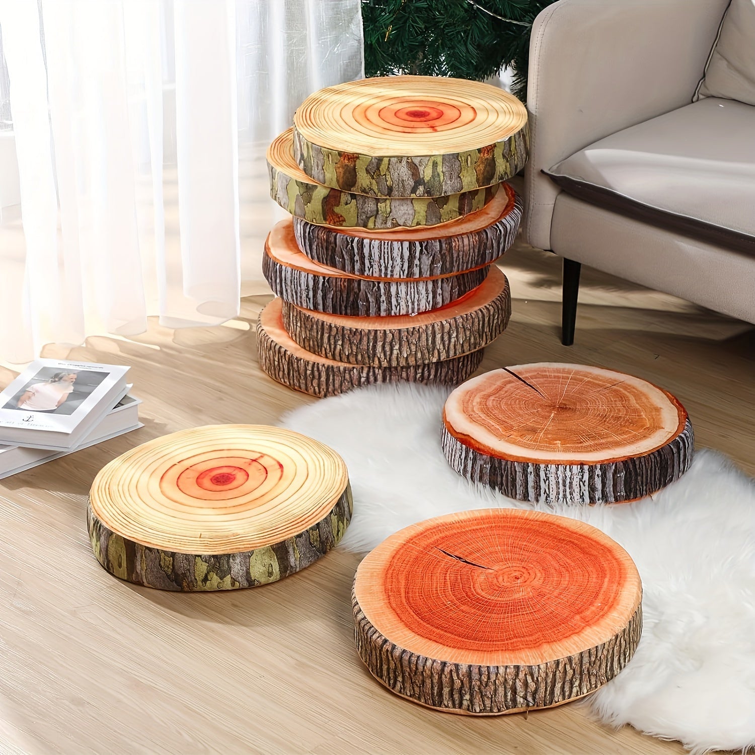 Round Tree Stump Throw Pillow Cushion 3D Printed Log-Shaped Support Pillow for Bedroom Living Room Sofa