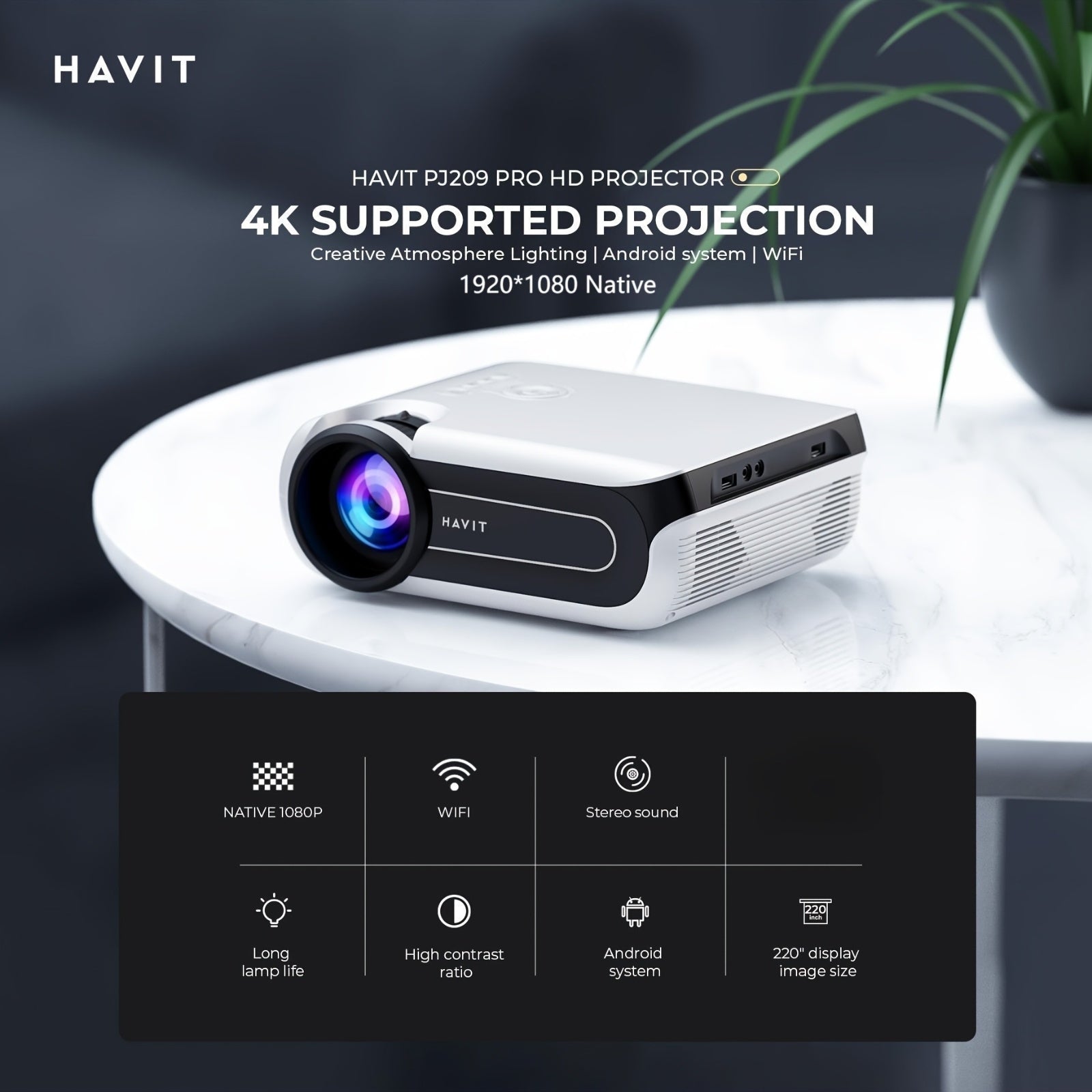 4K Smart Projector 109-558 cm Bright Home Theater with Wi-Fi and HDMI