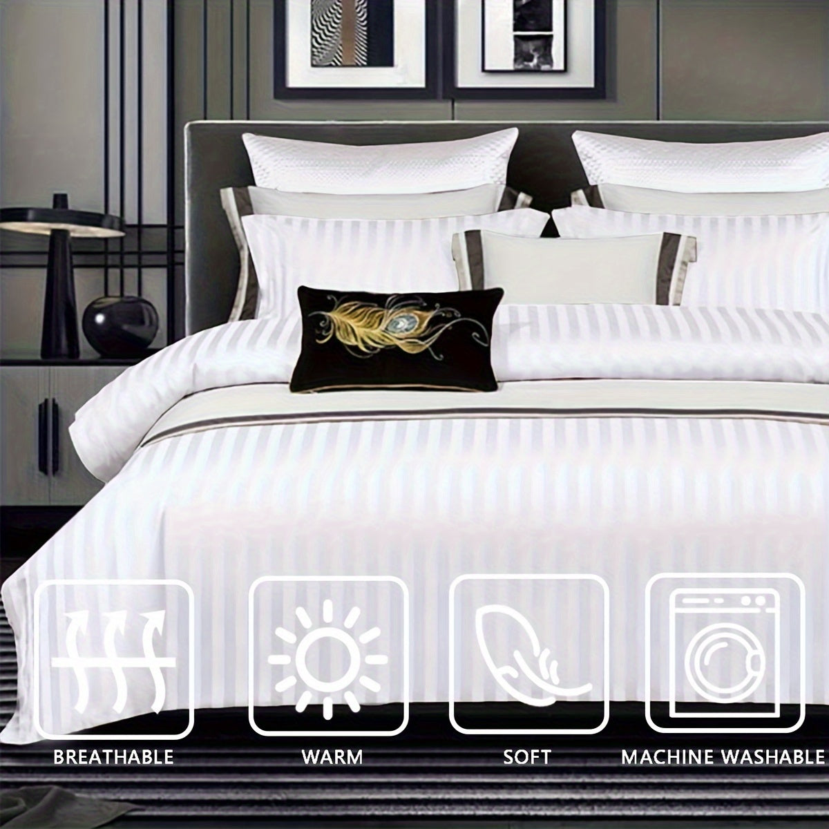 White Satin Print 3-Piece Duvet Cover Set with Pillowcases Bedding