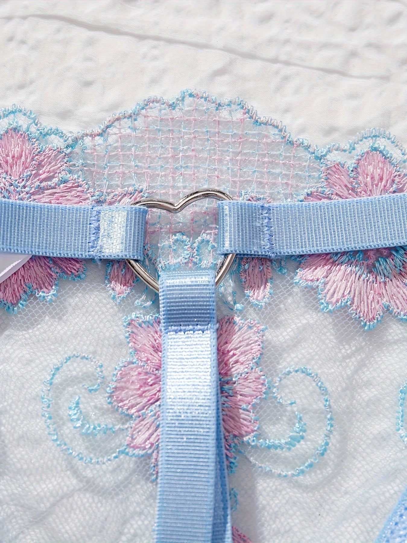 Women's Floral Embroidered Mesh Lingerie Set with Cupless Bra and Crotchless Thong