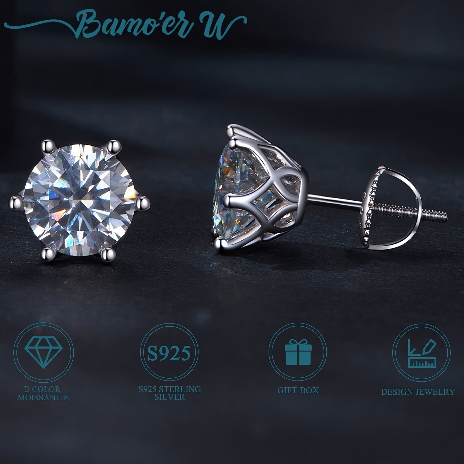 Sterling Silver Moissanite Stud Earrings Hypoallergenic Wedding Valentine Gift