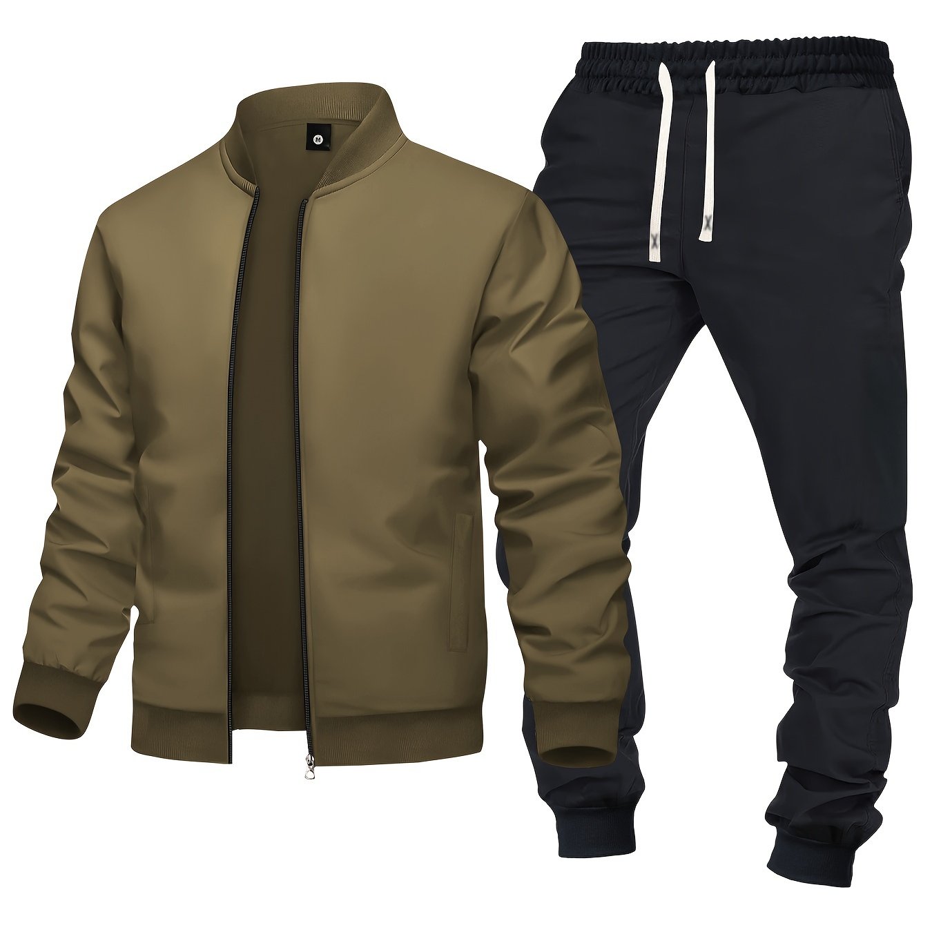 Men's Olive Green and Black Zip-Up Jacket and Sweatpants Set Polyester Casual Activewear