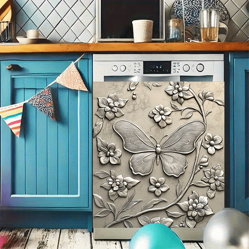 Antique Butterfly Magnetic Dishwasher Cover Waterproof Kitchen Decor 58.5x65 cm