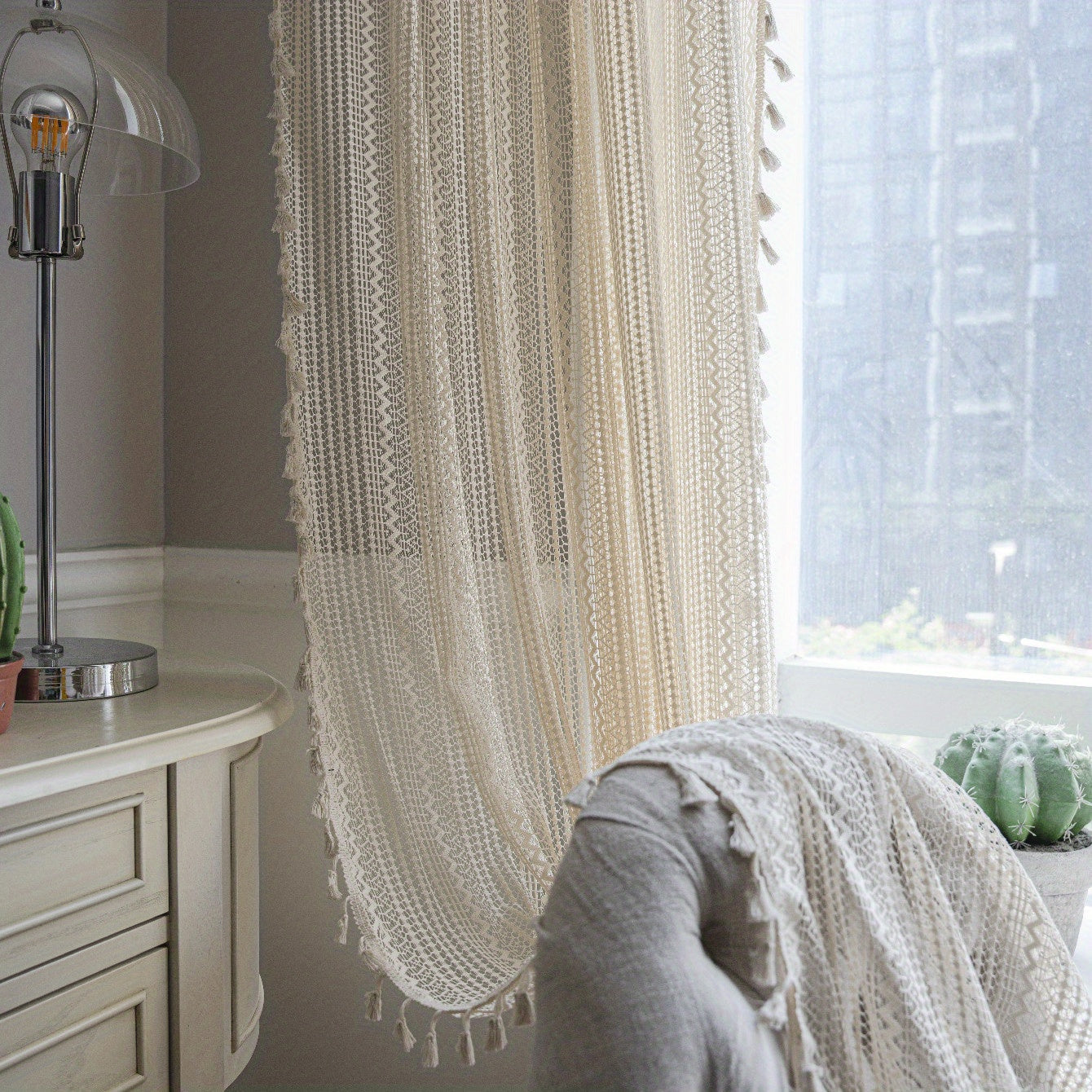 Beige Crochet Fringe Curtain UV Protection Rod Pocket for Living Room Bedroom