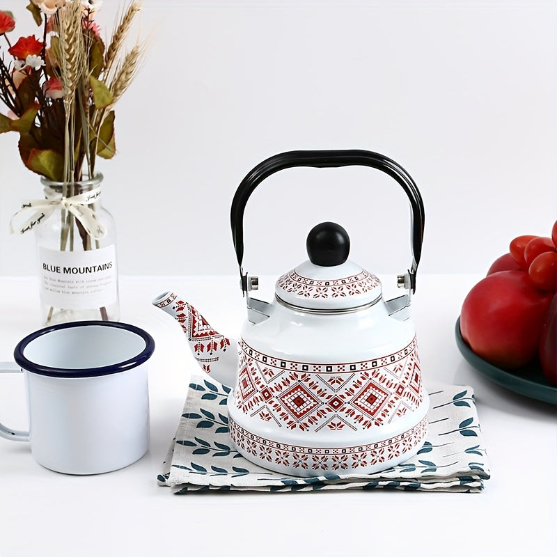 Enamel Electric Kettle 1.1L Geometric Print Memory Flower Design for Tea Coffee