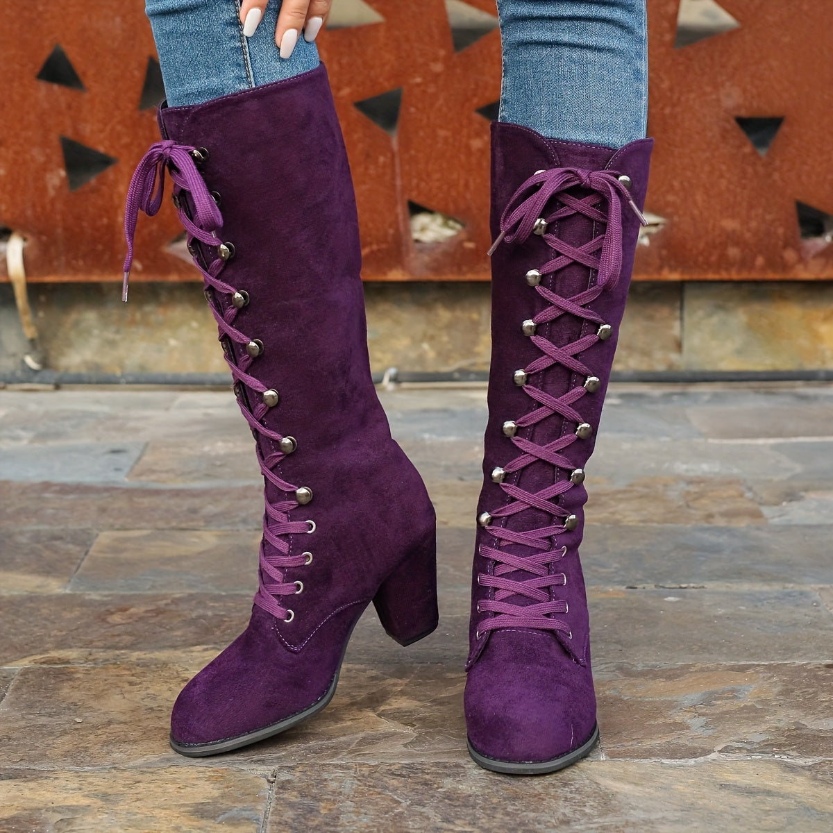 Women's Solid Color Chunky Heel Boots Lace-Up Knee High Shoes