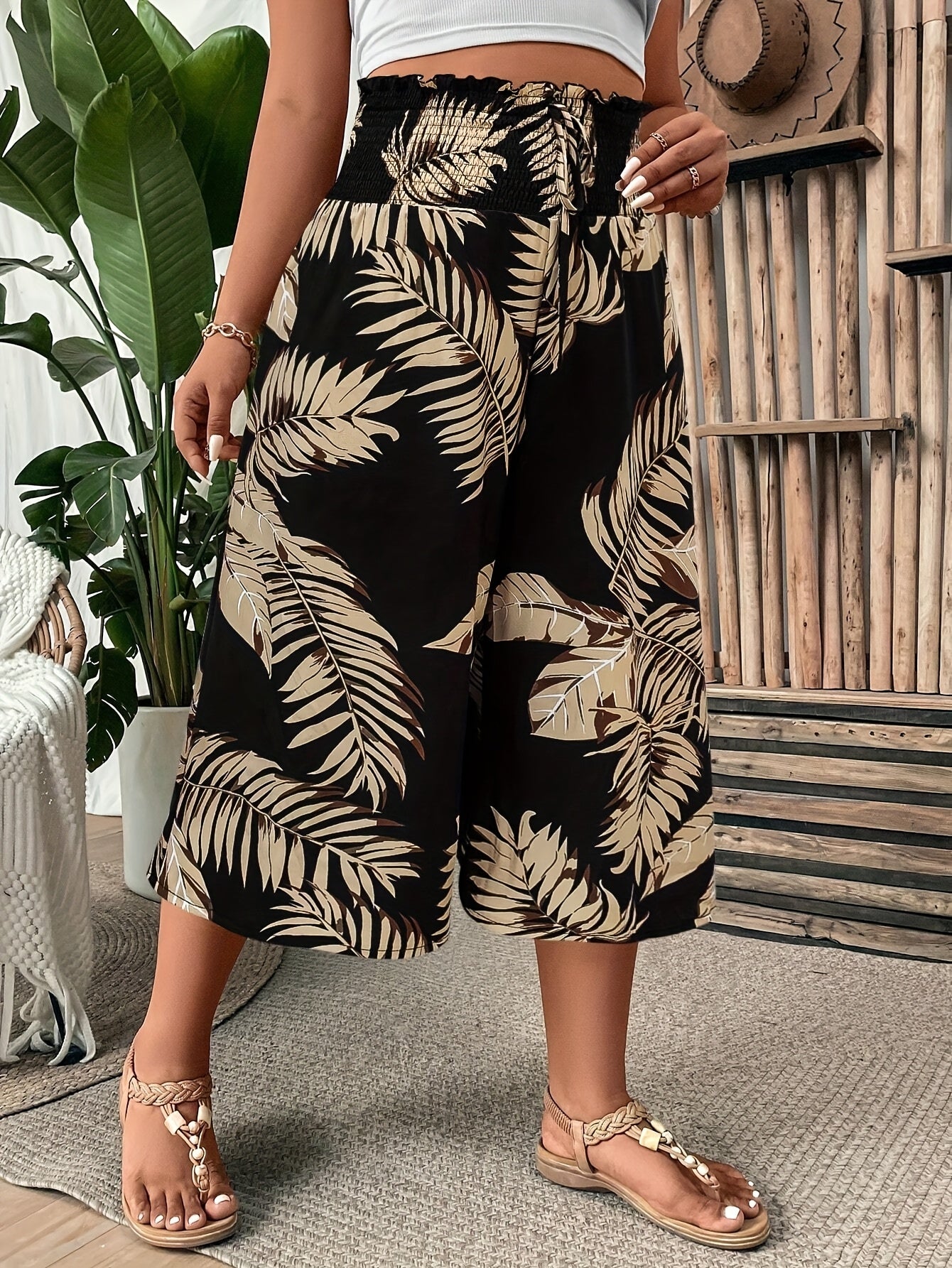 Women's Plus Size Tropical Print Wide-Leg Pants Black Gold Palm Leaf High-Waisted Summer Casual