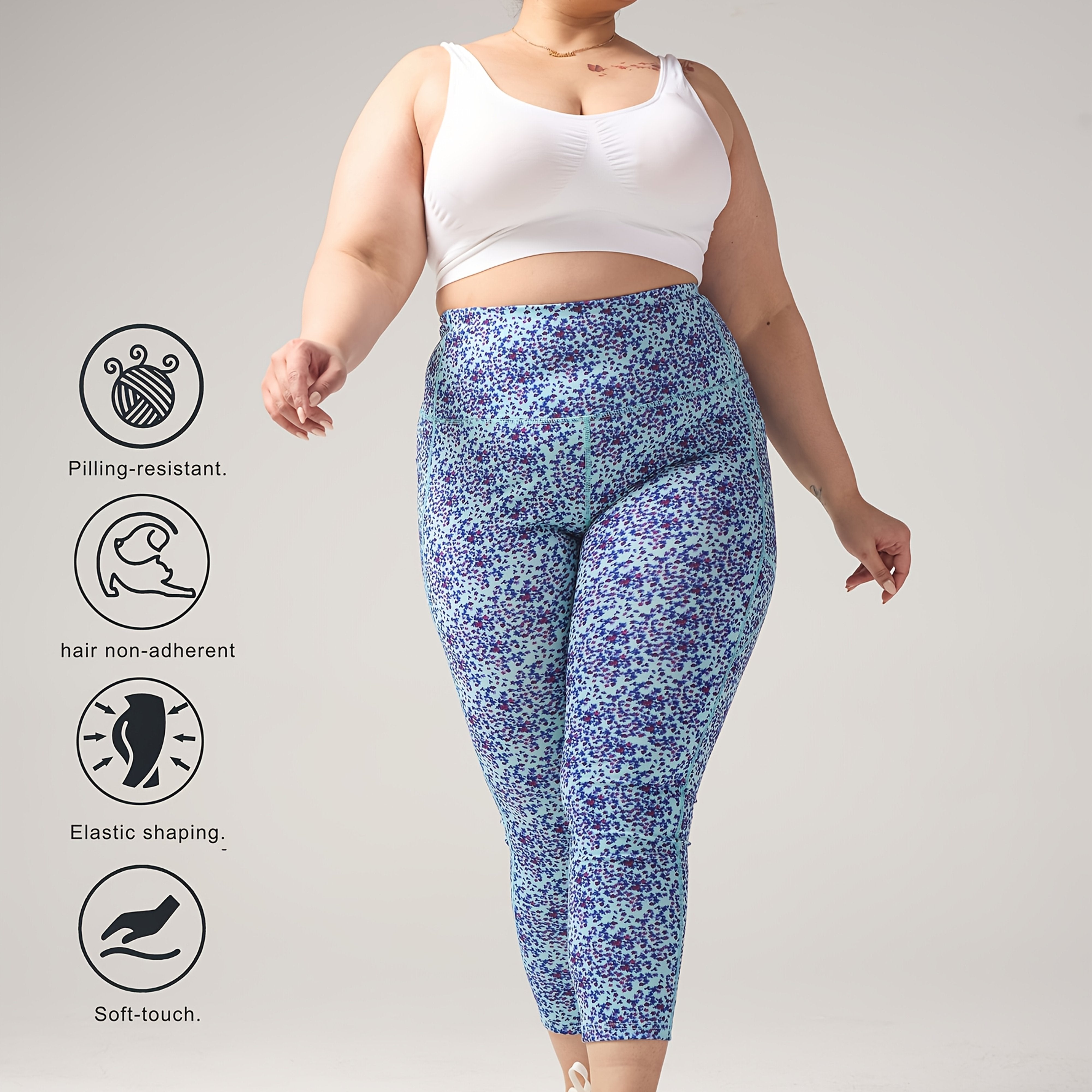 Plus-Size Floral Cropped Pants for Women High-Waisted Tummy Control