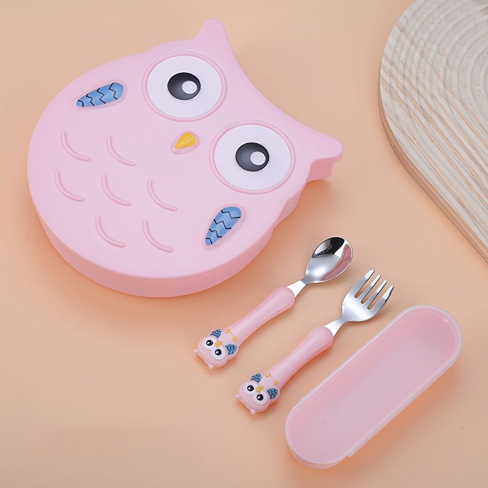 Kids Dinnerware Set 3-Piece Owl-Shaped Non-Toxic Polypropylene with Feeding Plate and Cutlery in Blue Pink Green Orange