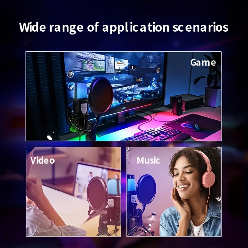 USB Condenser Microphone with Mute Button Tripod RGB Light Shock Mount for Gaming Streaming Podcasting on PC PS4 PS5