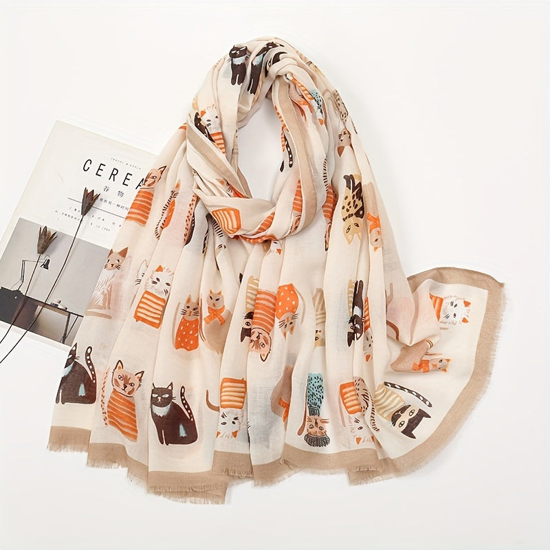 Breathable Cartoon Cat Print Scarf with Short Beard Design Elastic Sunscreen Head Wrap