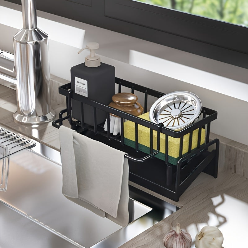 Kitchen Faucet Caddy with Sponge and Towel Storage Sturdy Plastic Stainless Steel