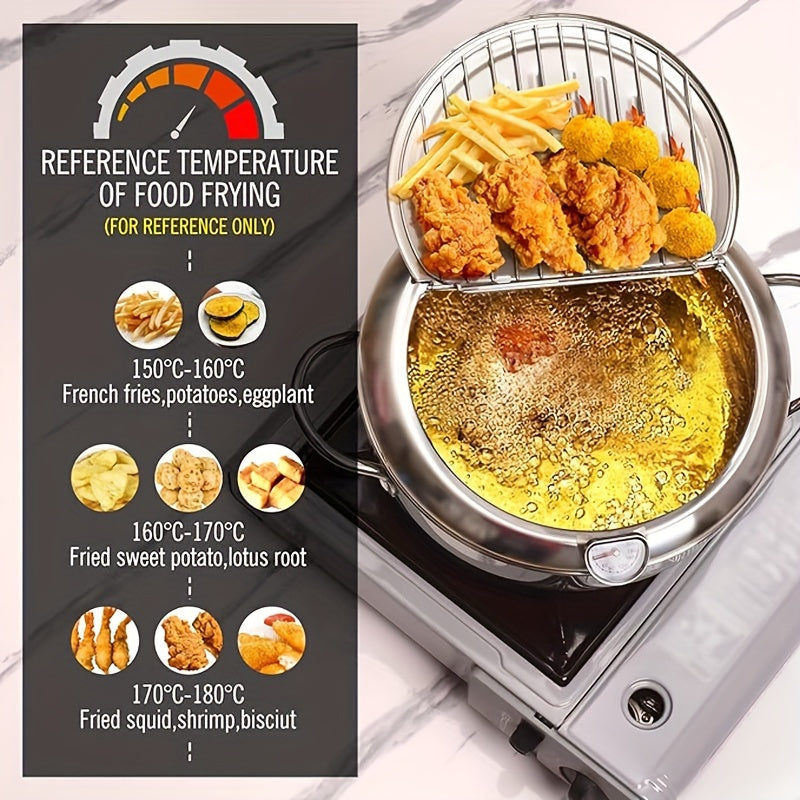 Stainless Steel Deep Fryer with Thermometer for Tempura, Chicken, Beef