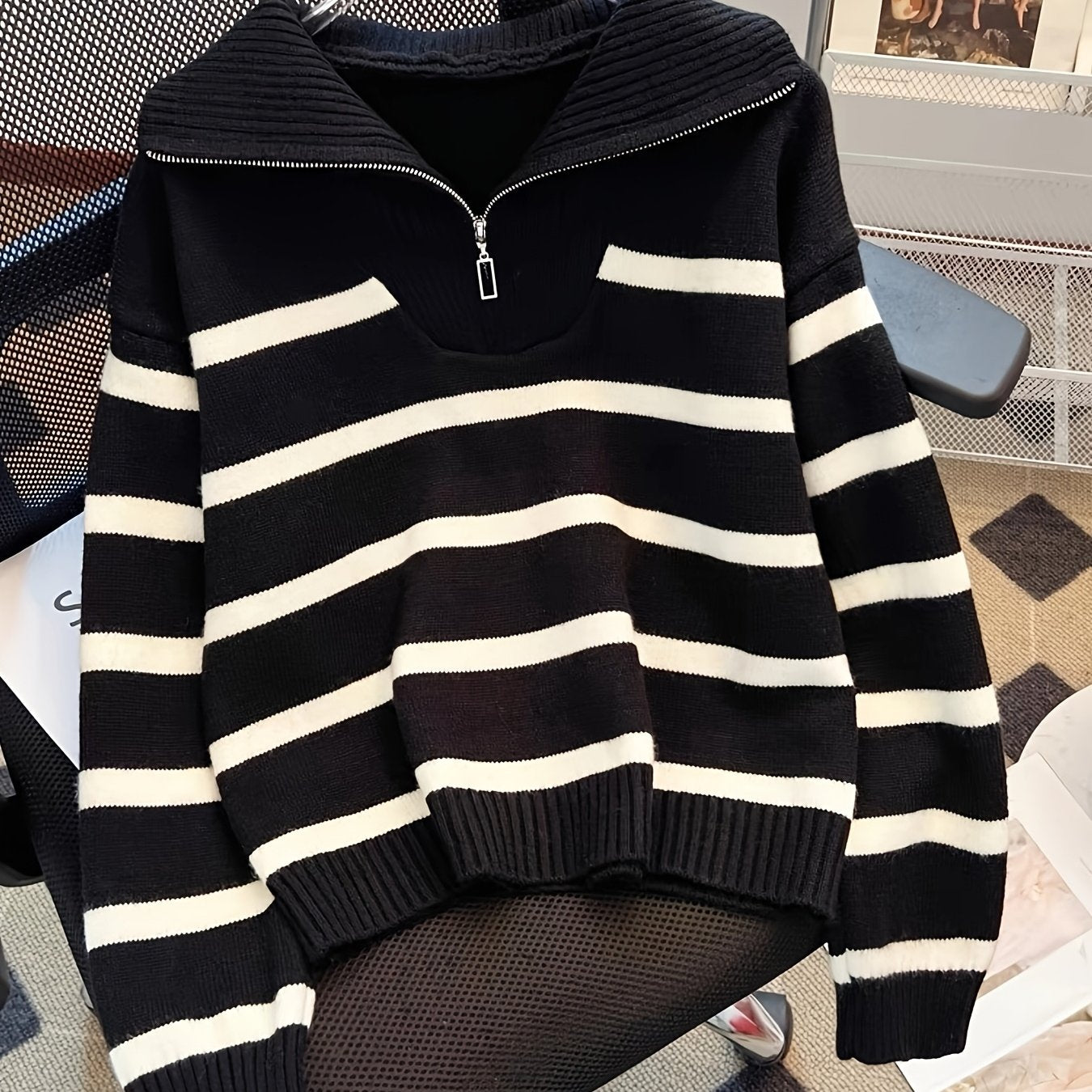 Striped Polyester Pullover with Lapel Collar for Casual Wear