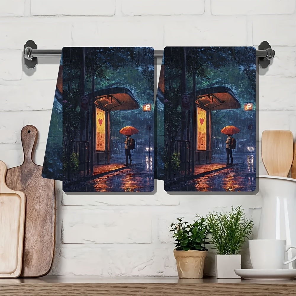 Set of 2 Ultra Soft Kitchen Towels Anime Boy with Heart Umbrella 16x24 Inches