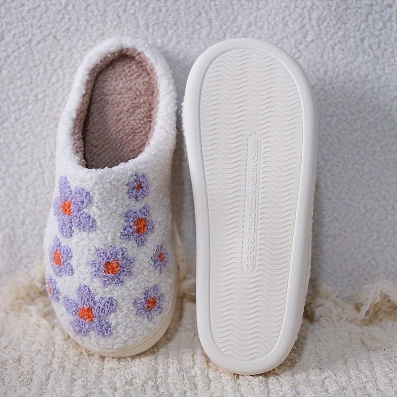Unisex Plush Lilac Floral Slippers Warm Indoor House Shoes