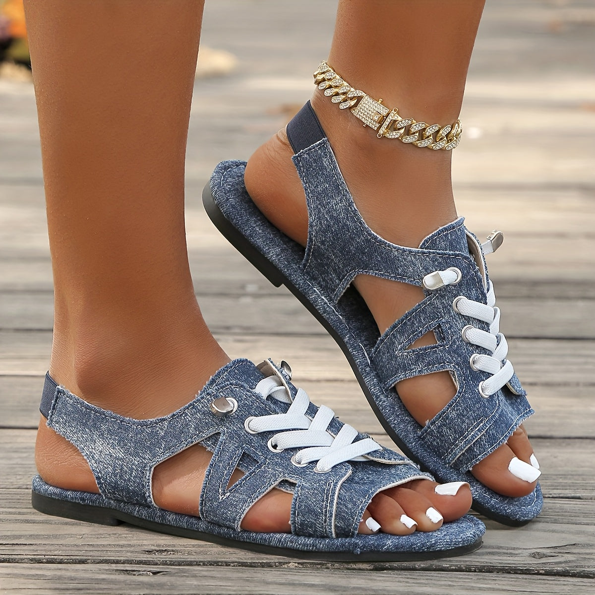 Women's Bohemian Flat Sandals Light Blue Open-Toe Lace-Up Casual Sandals