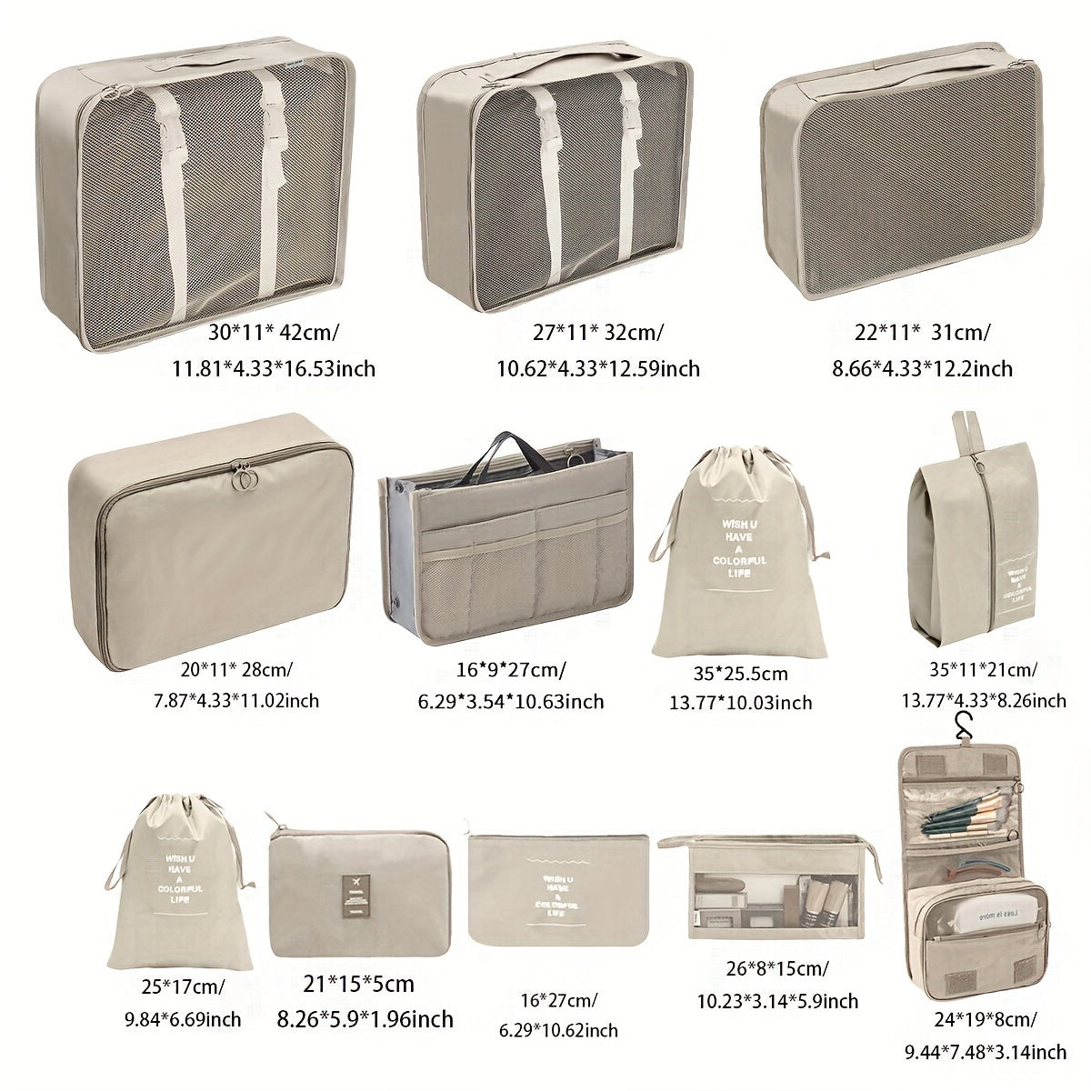 12-Piece Minimalist Travel Organizer Set Plastic Packing Cubes Toiletry Bag Shoe Storage