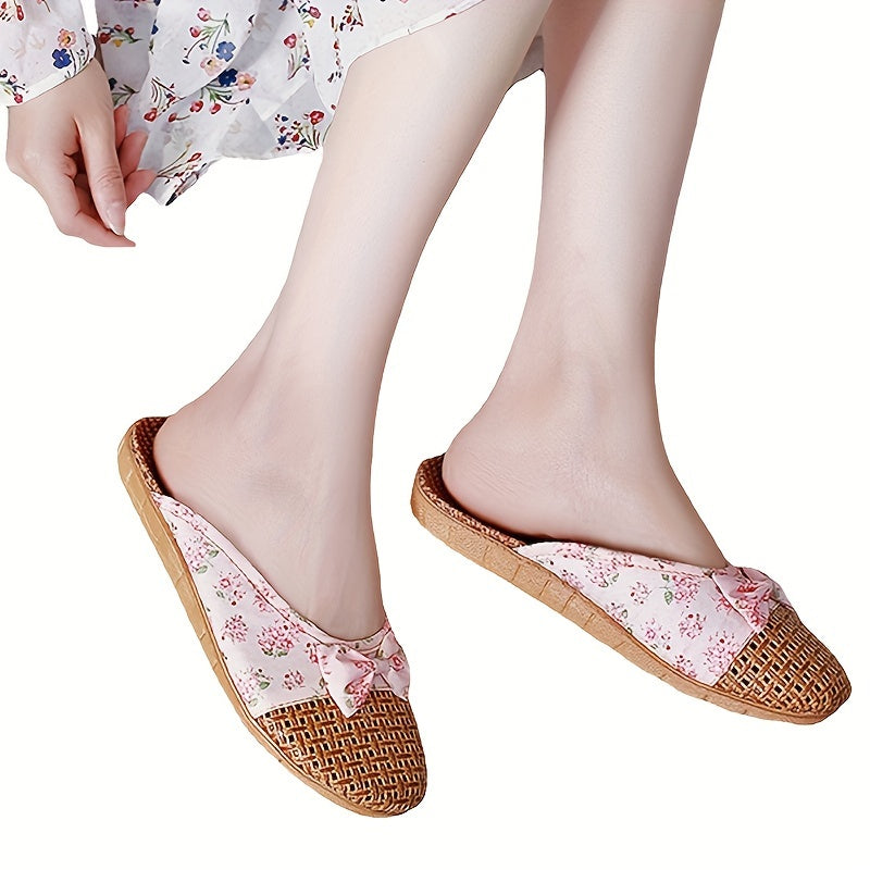 Women's Summer Straw Indoor Slippers Non-Slip Thick Sole Floor Linen