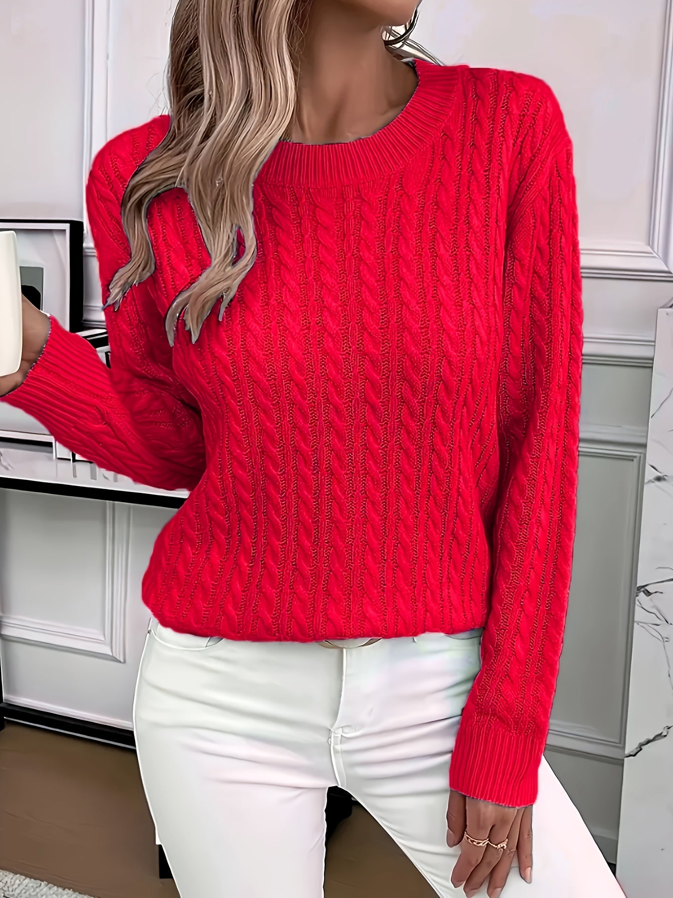 Plus o'lchamli ayollar uchun trikotaj sviter, kruy neck, uzun qo'lli, bir rangli, kundalik pullover