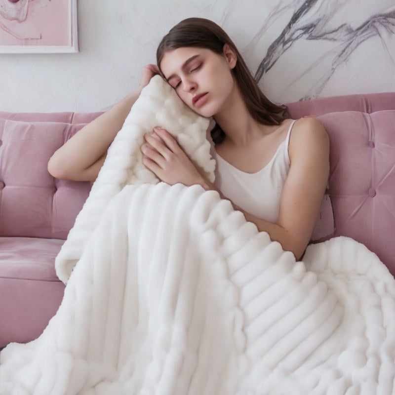 Plaid Rabbit Fur Throw Blanket Polyester Cozy Home Accessory