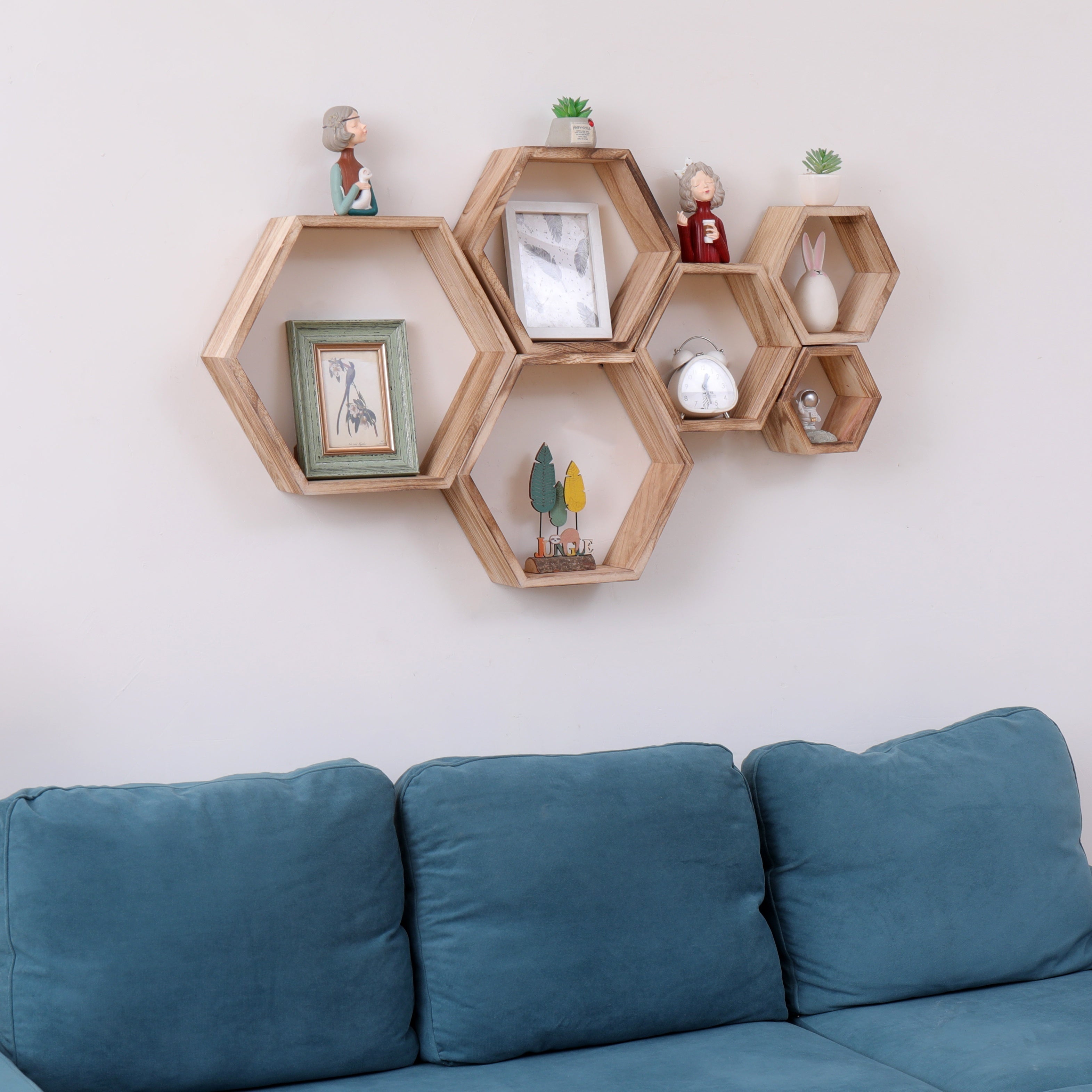 Hexagon Wall Shelves with Driftwood Finish for Bathroom Bedroom Living Room Storage