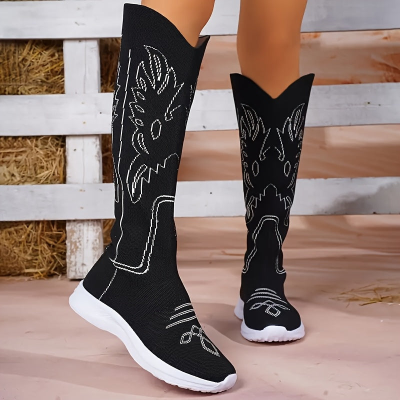 Women's Knee-High Winter Boots Fabric Snowflake Heel Cold Weather Footwear
