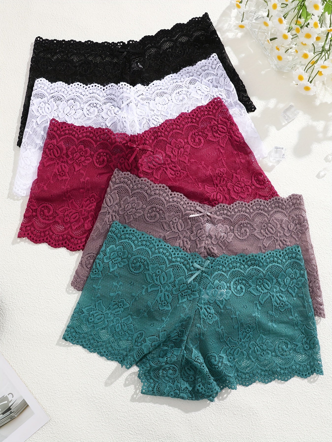 Women's Floral Lace Mid-Rise Panties Solid Color Sexy Knit Shorts Set of 5