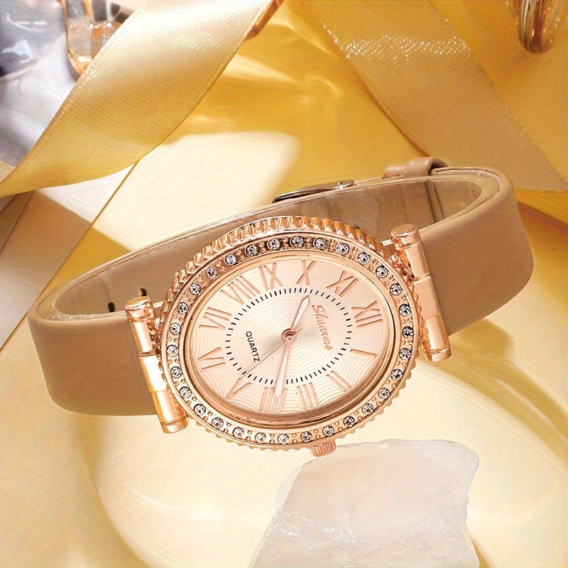 5 ta ayollar uchun quarts soatlari to'plami, rhinestone aksentlari va charm kamarlar bilan