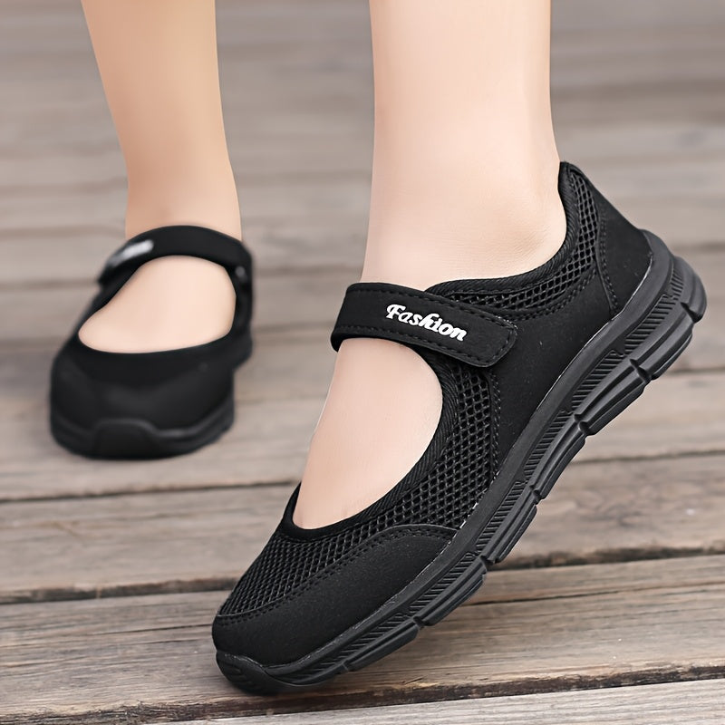 Women's Mesh Flats with Adjustable Closure Black Casual Comfortable Shoes