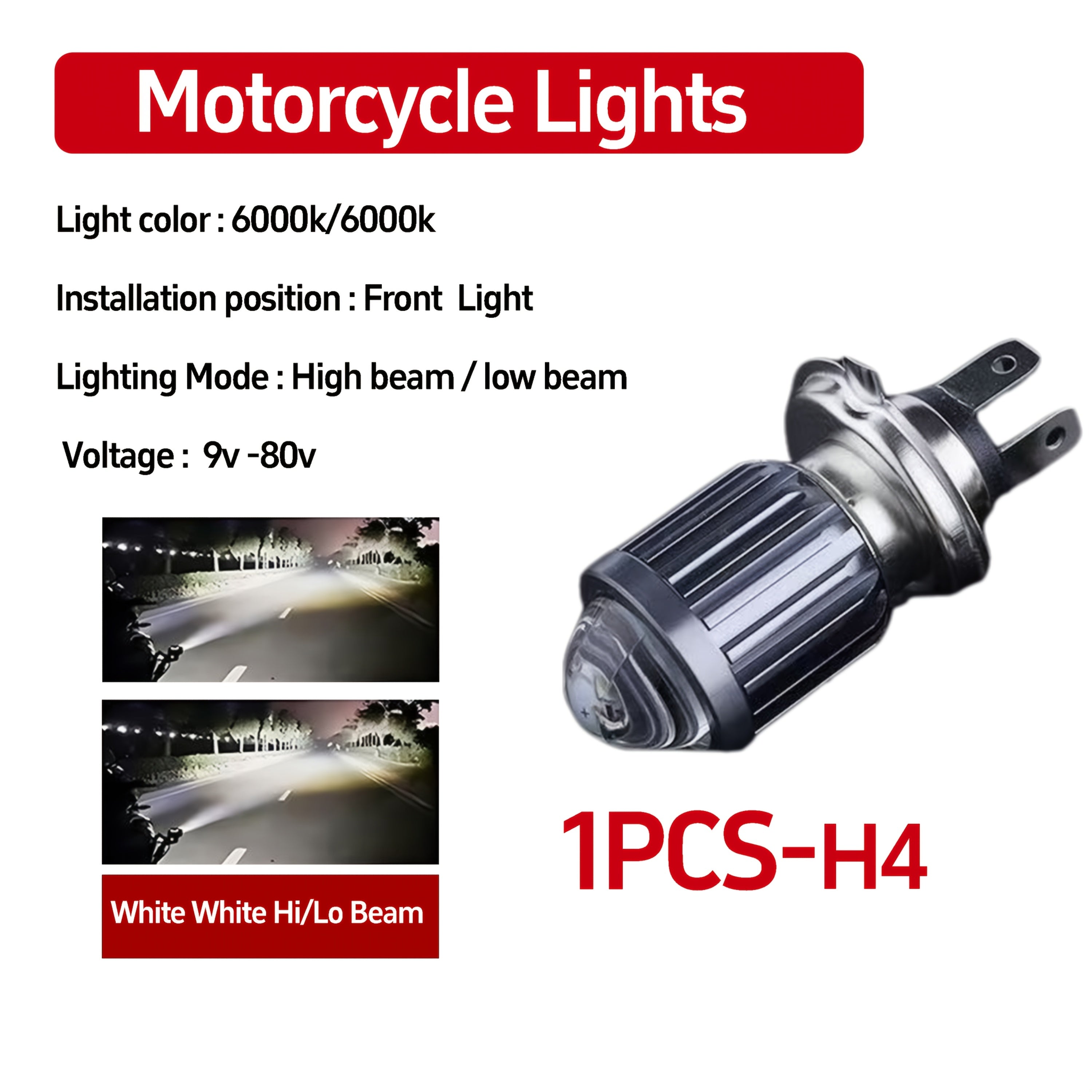 Motorcycle LED Headlight Bulb H4 Hi/Lo Beam 10000Lm Aluminum Shell
