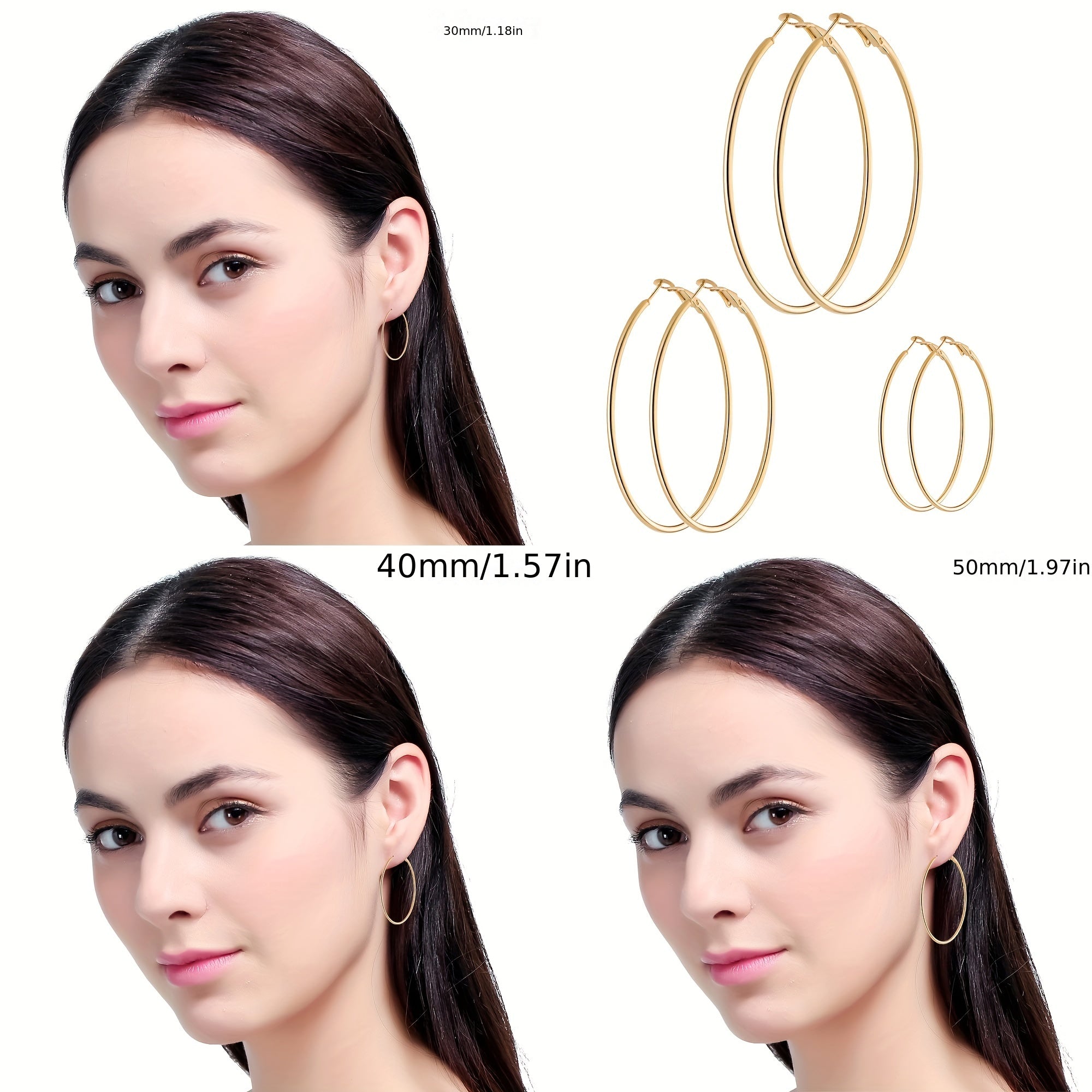 Set of Two Hypoallergenic Stainless Steel Hoop Earrings for Women in Gold and Silver Tones 30mm 40mm 50mm