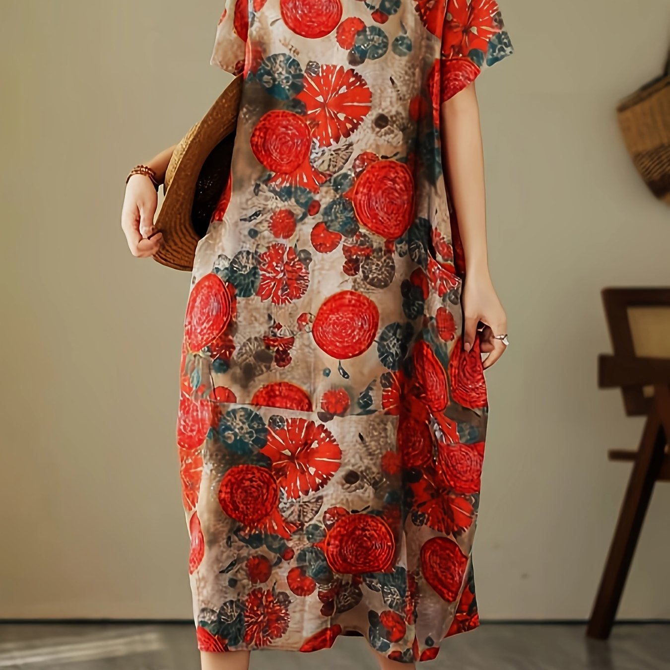 Vestido de lino para adultos de manga corta con estampado de primavera y verano y bolsillos