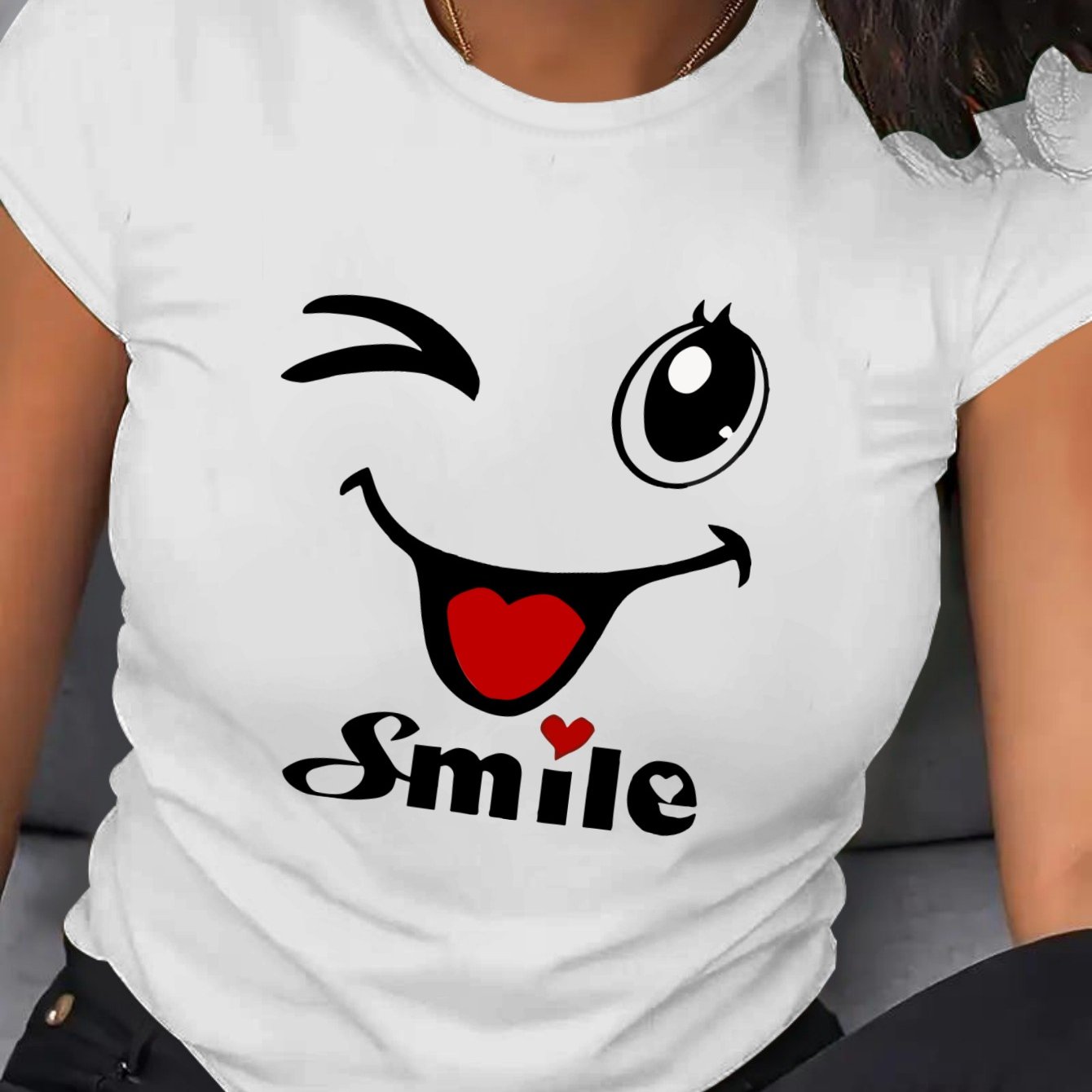 Plus Size Women's Cartoon Face T-Shirt Breathable Short Sleeve Crew Neck