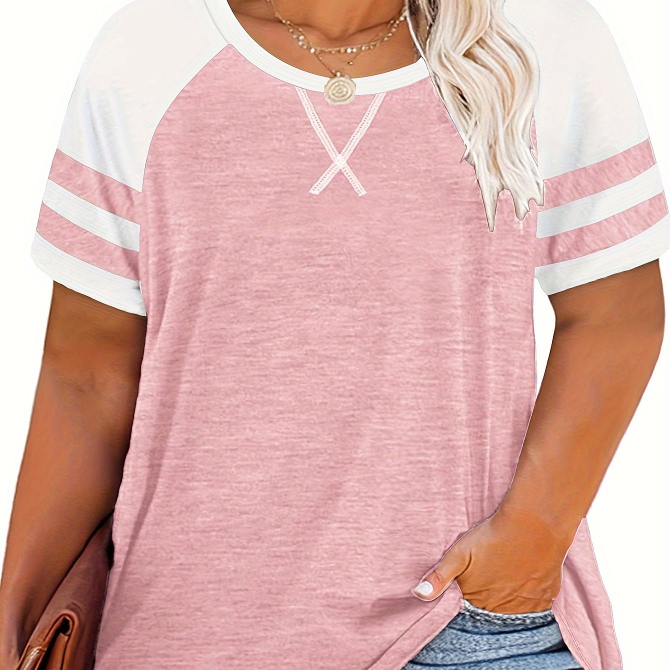 Plus-Size Women Casual Summer Sleeveless Top Light Pink White Stripes