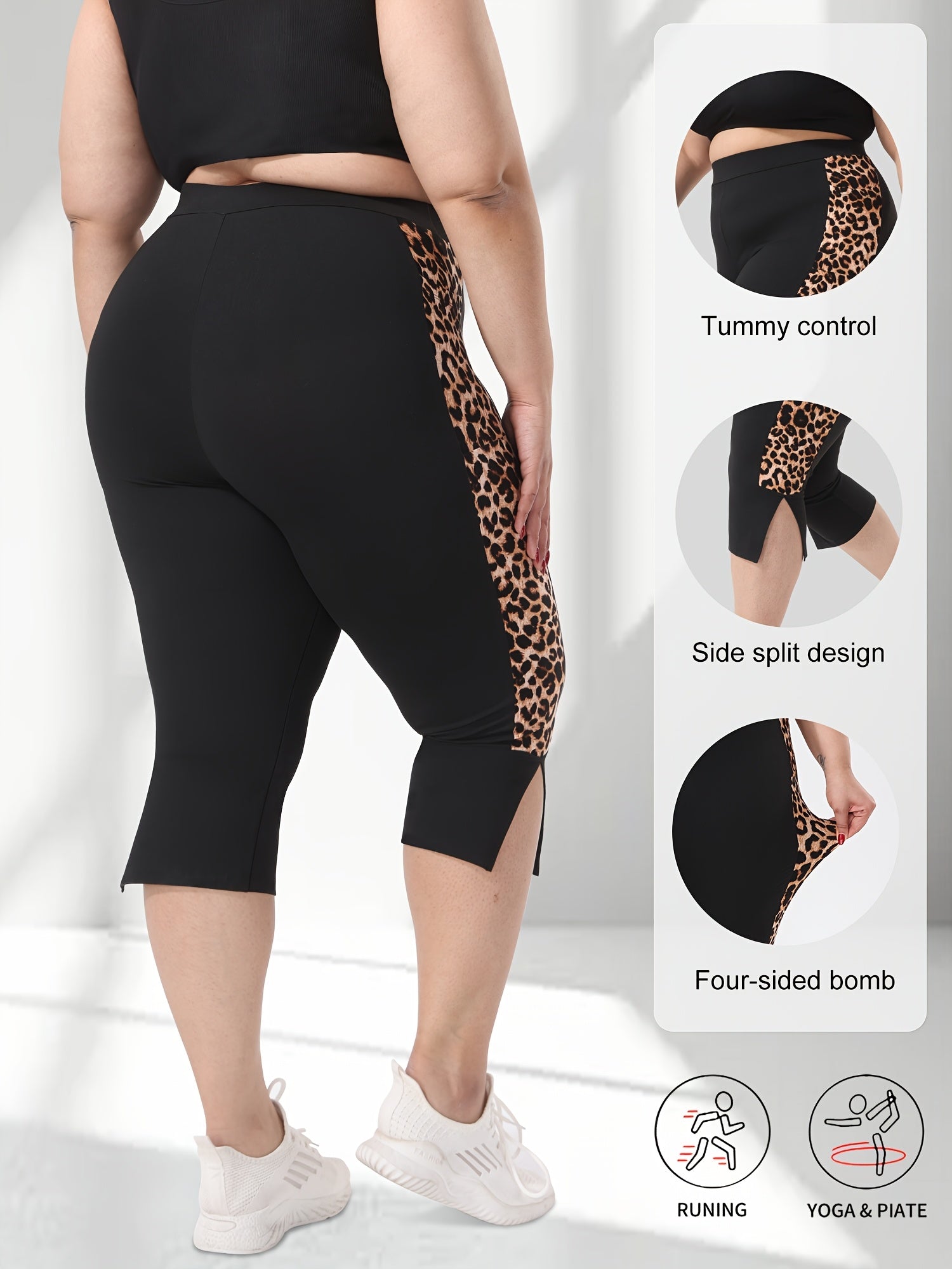 Women's Leopard Print High-Waist Capri Leggings with Pockets, Plus Size