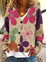 Women's Floral Print V-Neck Button Cardigan Sweater Loose Fit Open Front