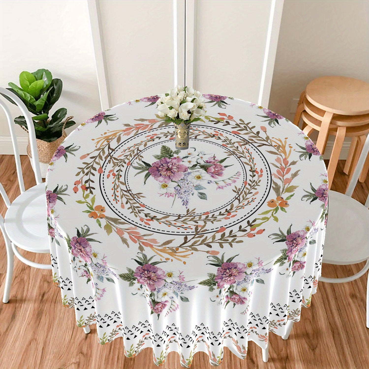 Large Flower Pattern Round Tablecloth for Dining and Home Decor