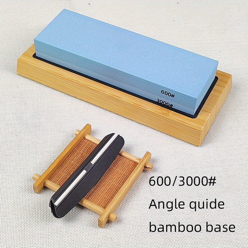 3-in-1 Knife Sharpening Kit with Whetstone, Bamboo Base, Angle Guide, Non-Slip Grip
